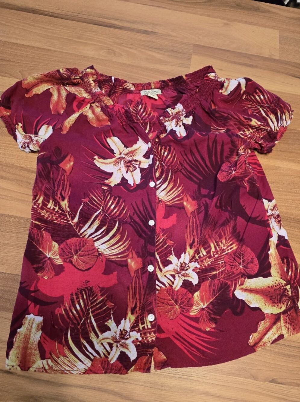 Lucky Brand Tropical Off-Shoulder Button Front Blouse - Burgundy Floral